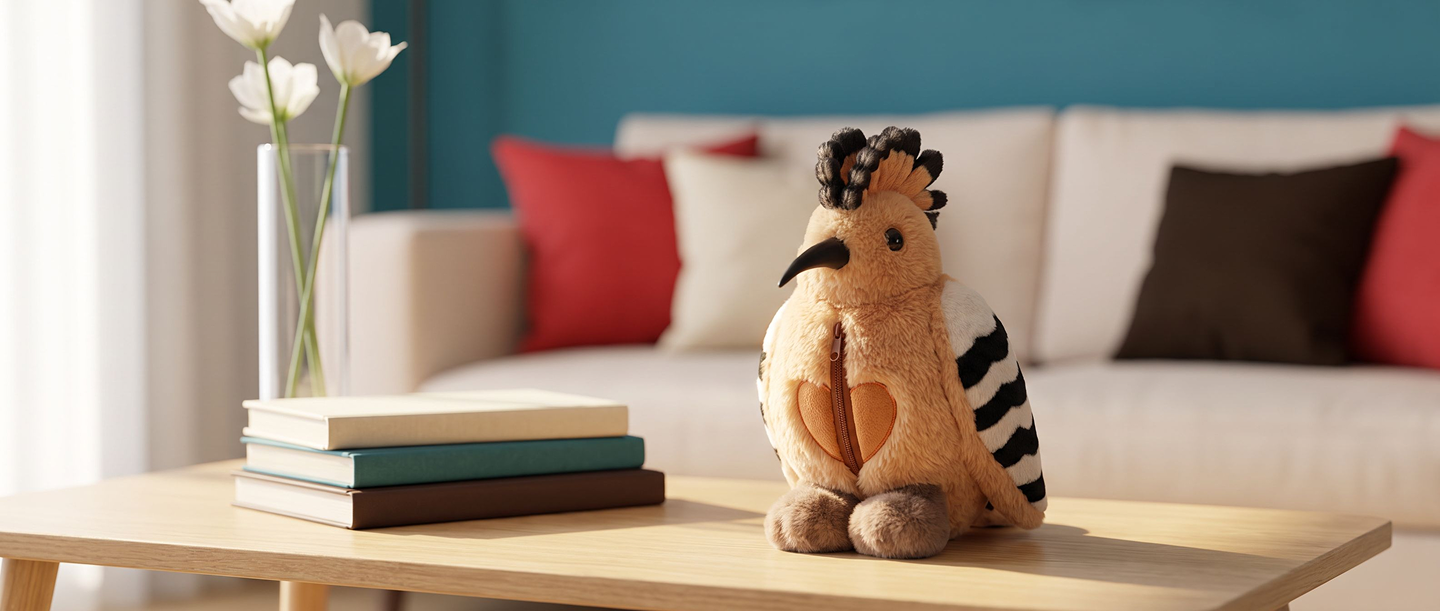 Honor, a soft hoopoe-bird toy, sitting on a coffee table in front of a sofa, next to a stack of books