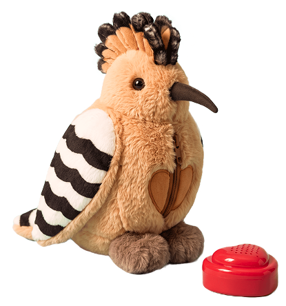 Honor the hoopoe-bird toy next to a red heart-shaped voice recorder