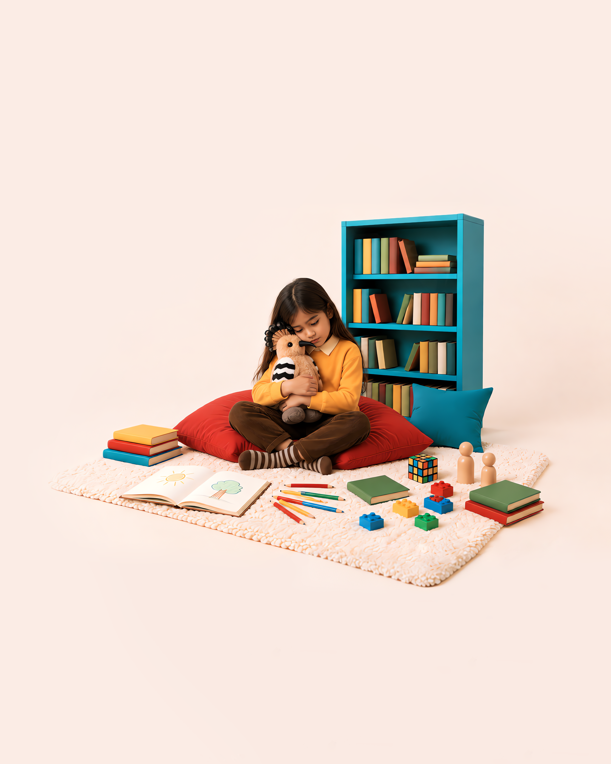 A child sitting on a cushion hugging Honor, with books and toys around
