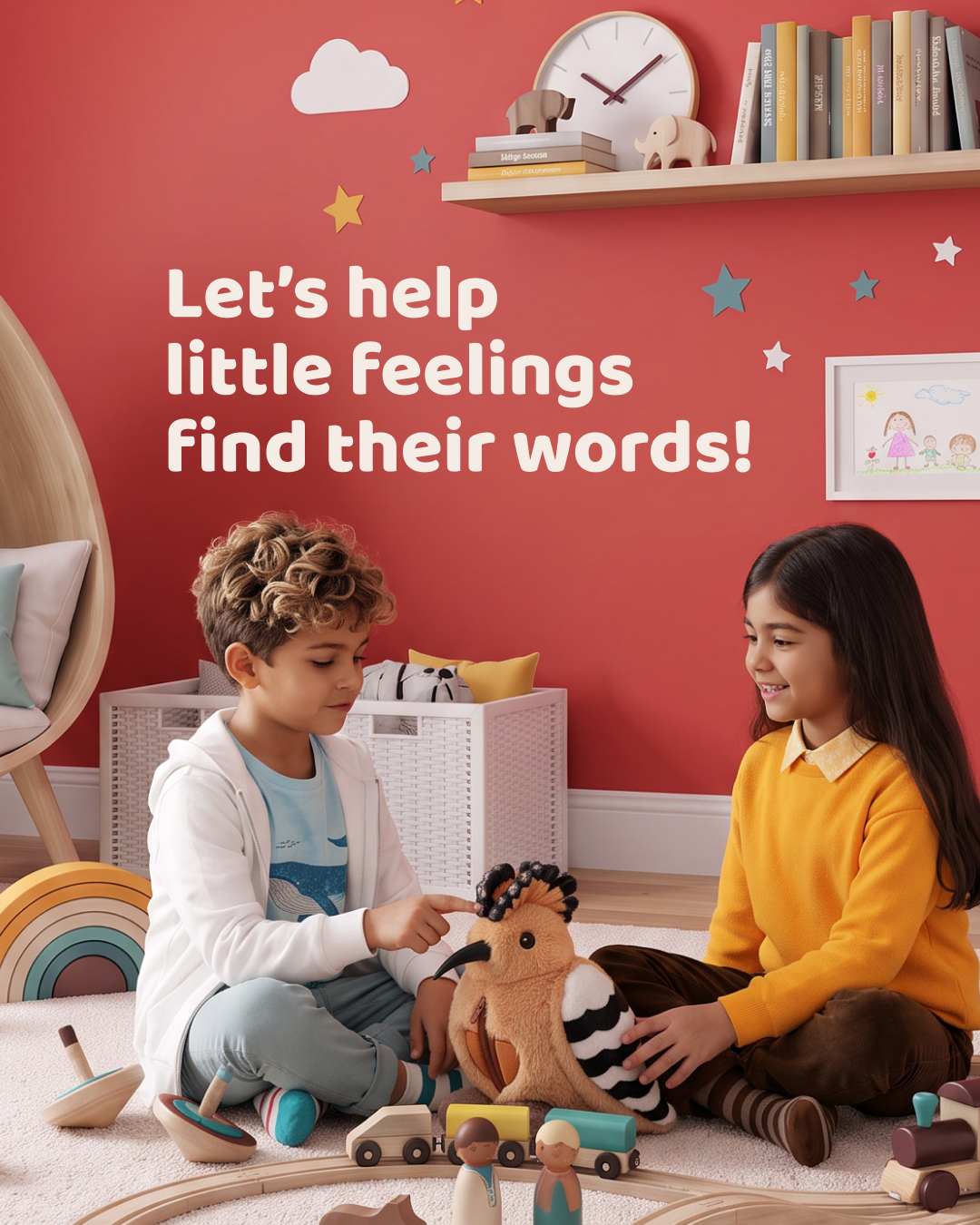 Two children and Honor in a red room, with the words “Let’s help little feelings find their words!”