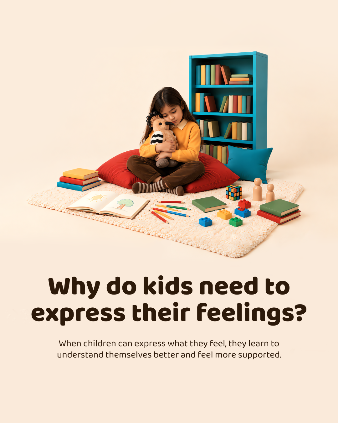 A girl hugging Honor on a red cushion beside a blue bookshelf, with the words “Why do kids need to express their feelings?”