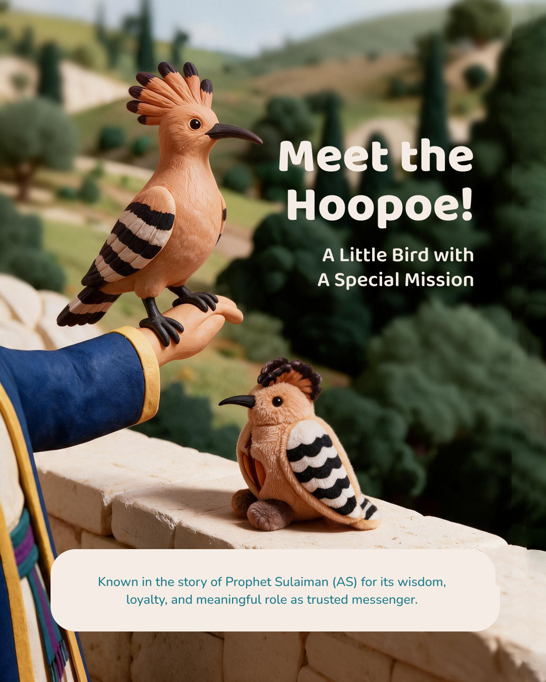 A hoopoe bird perched on a hand, with the words “Meet the Hoopoe! A little bird with a special mission”