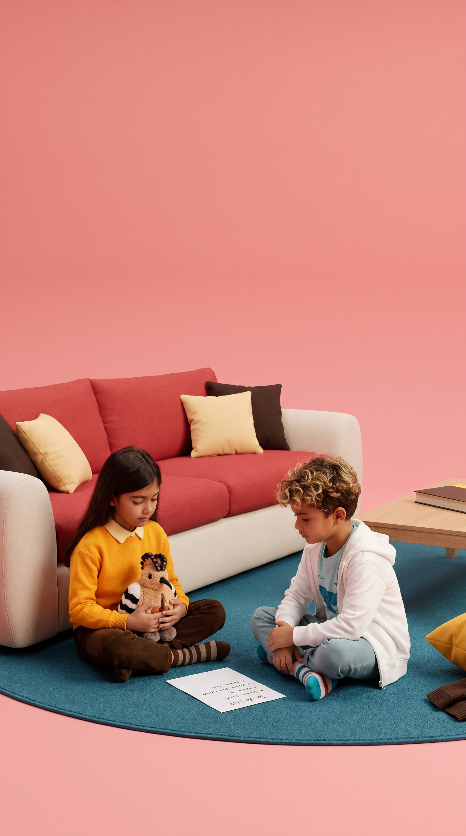 Two children sitting on a rug in front of a red sofa, one holding Honor